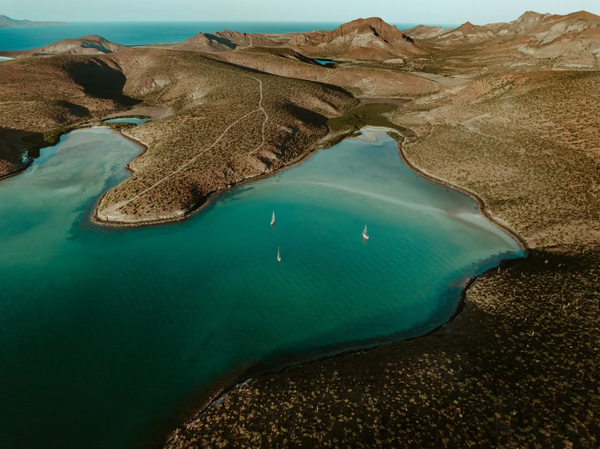 Aerial view of La Paz Bay with sailboats
